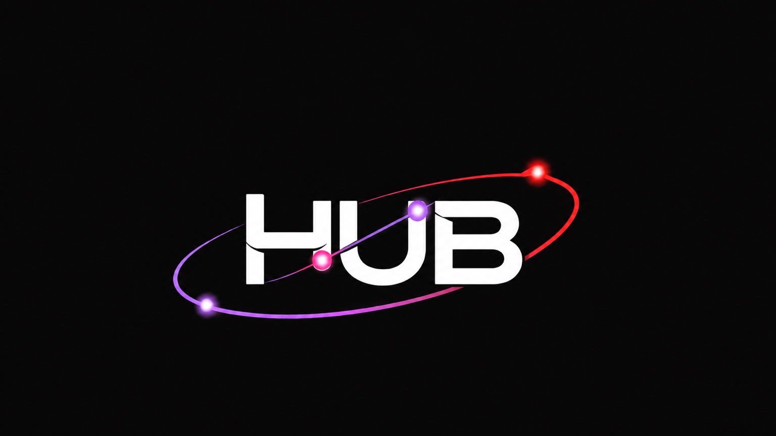 HUB, marca branca com órbitas lilás e vermelha sobre fundo preto